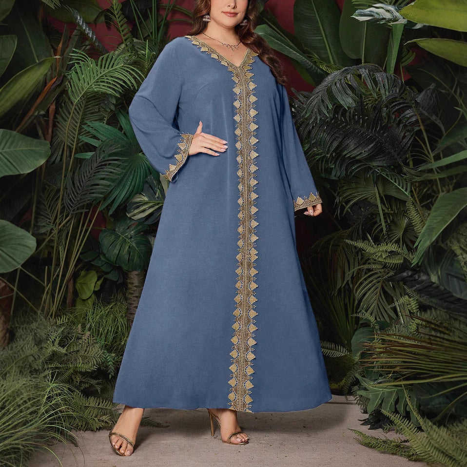 In-Stock Ethnic Style Women's Clothing Autumn Embroidered V-Neck Long-Sleeve Dress Loose Long Dress Exotic Style Clothing