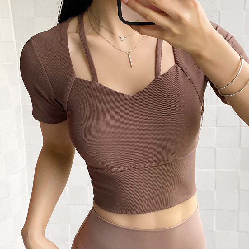 Yoga Clothing Women's Spring and Summer Sports Top with Chest Pad Quick-drying Running Short-sleeved T-shirt Pilates Training Fitness Clothing