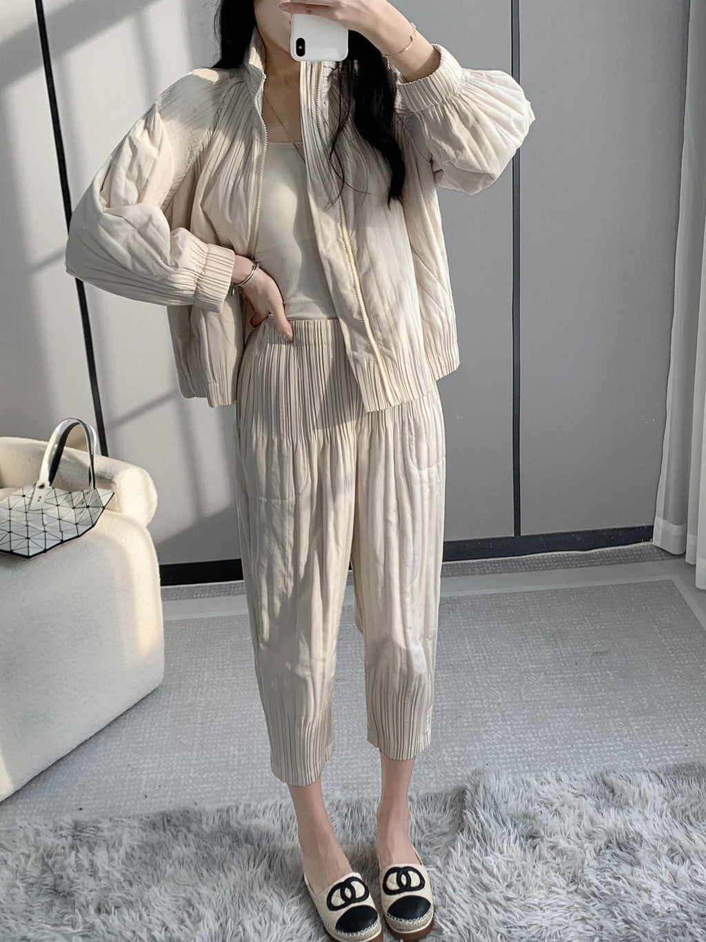 Winter cotton-padded clothes cotton-padded jacket suit women's fashion upscale women's clothing Miyake high-end clothes casual wind wear a complete set