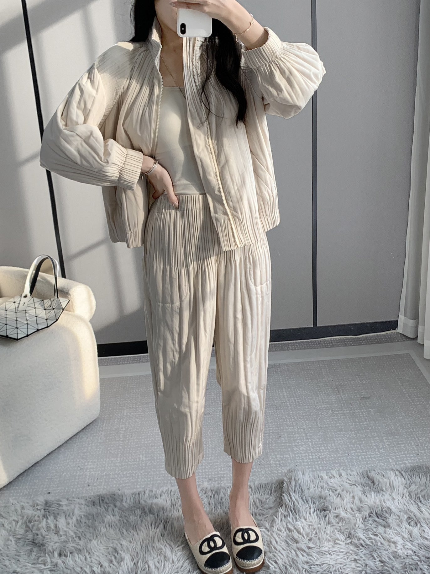 Winter cotton-padded clothes cotton-padded jacket suit women's fashion upscale women's clothing Miyake high-end clothes casual wind wear a complete set