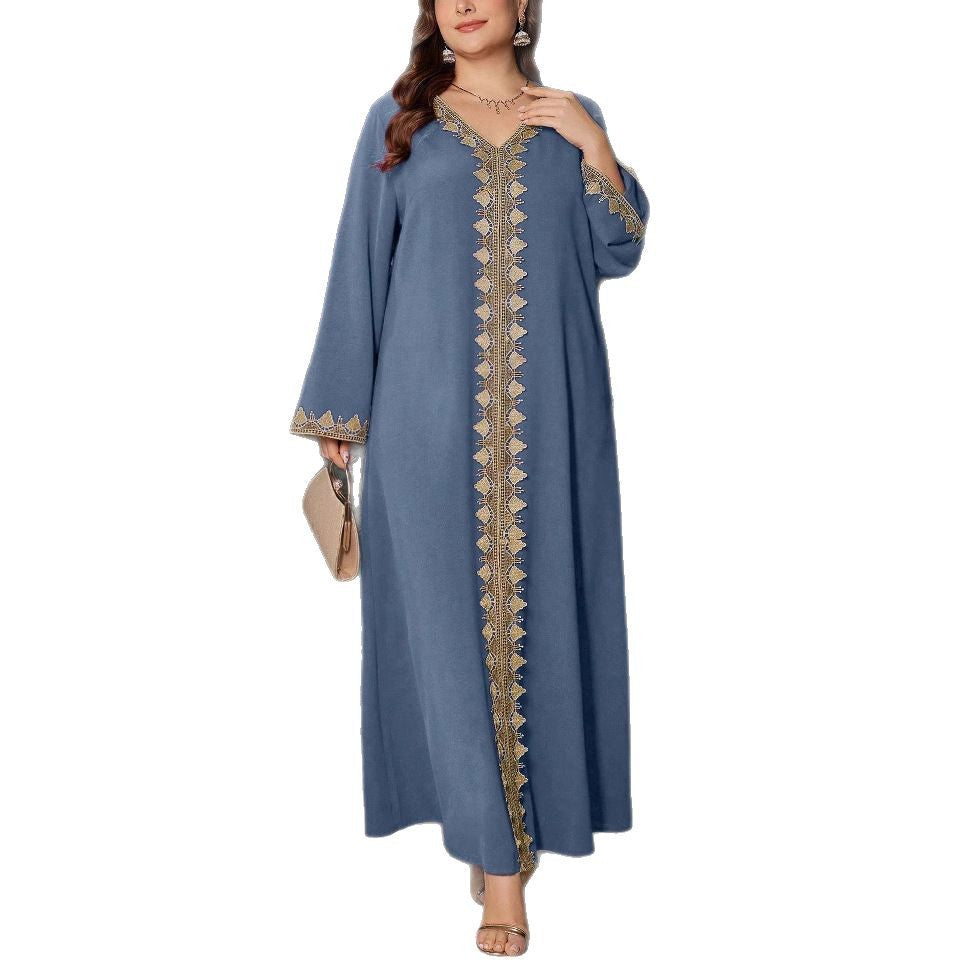 In-Stock Ethnic Style Women's Clothing Autumn Embroidered V-Neck Long-Sleeve Dress Loose Long Dress Exotic Style Clothing