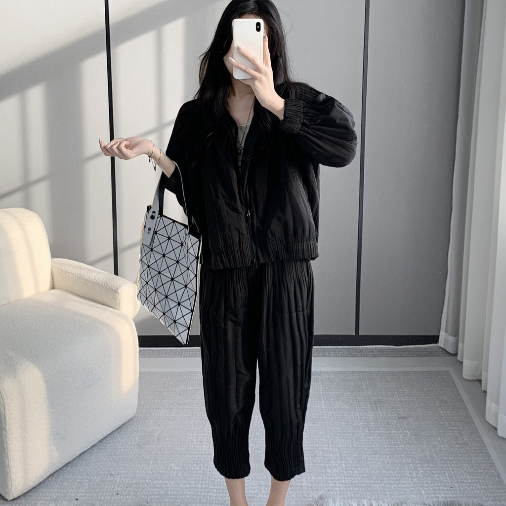 Winter cotton-padded clothes cotton-padded jacket suit women's fashion upscale women's clothing Miyake high-end clothes casual wind wear a complete set