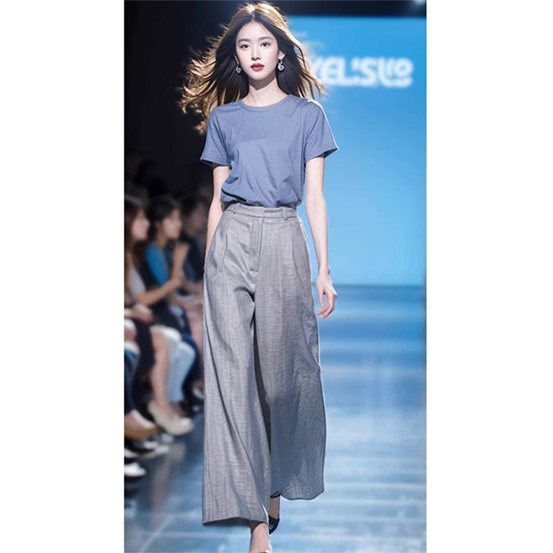Foreign trade women's clothing 2025 new age-reducing wear a set of summer clothing small casual high-end wide leg pants two