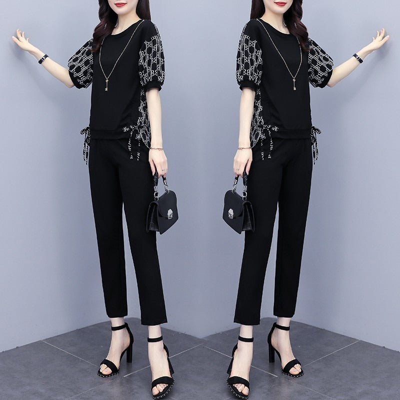 Summer New Large Size Women's Clothing Fashion Stitching Trendy Printed Clothing New Casual Elegant Short-sleeved Cropped Pants Two-piece Set