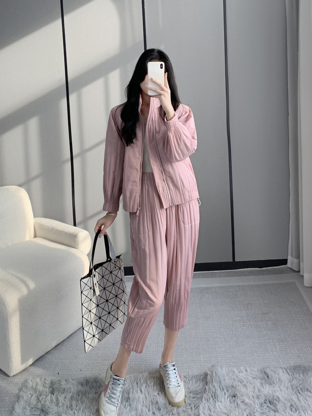 Winter cotton-padded clothes cotton-padded jacket suit women's fashion upscale women's clothing Miyake high-end clothes casual wind wear a complete set