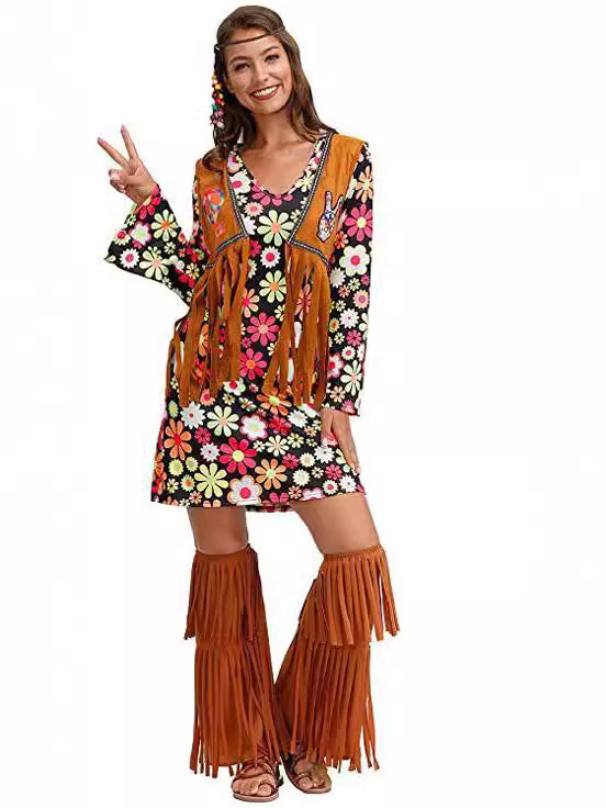 2026 Amazon Halloween Cross-Border Women's Clothing 1970S 1980S Hippie Clothing Printed Dress