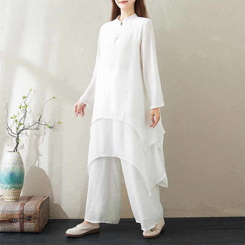 Real Pat Original Chinese Women's dress Cotton and Linen Mid-length Artistic Yoga Clothing Tea Clothing Zen Dance Clothing Tai Chi Clothing