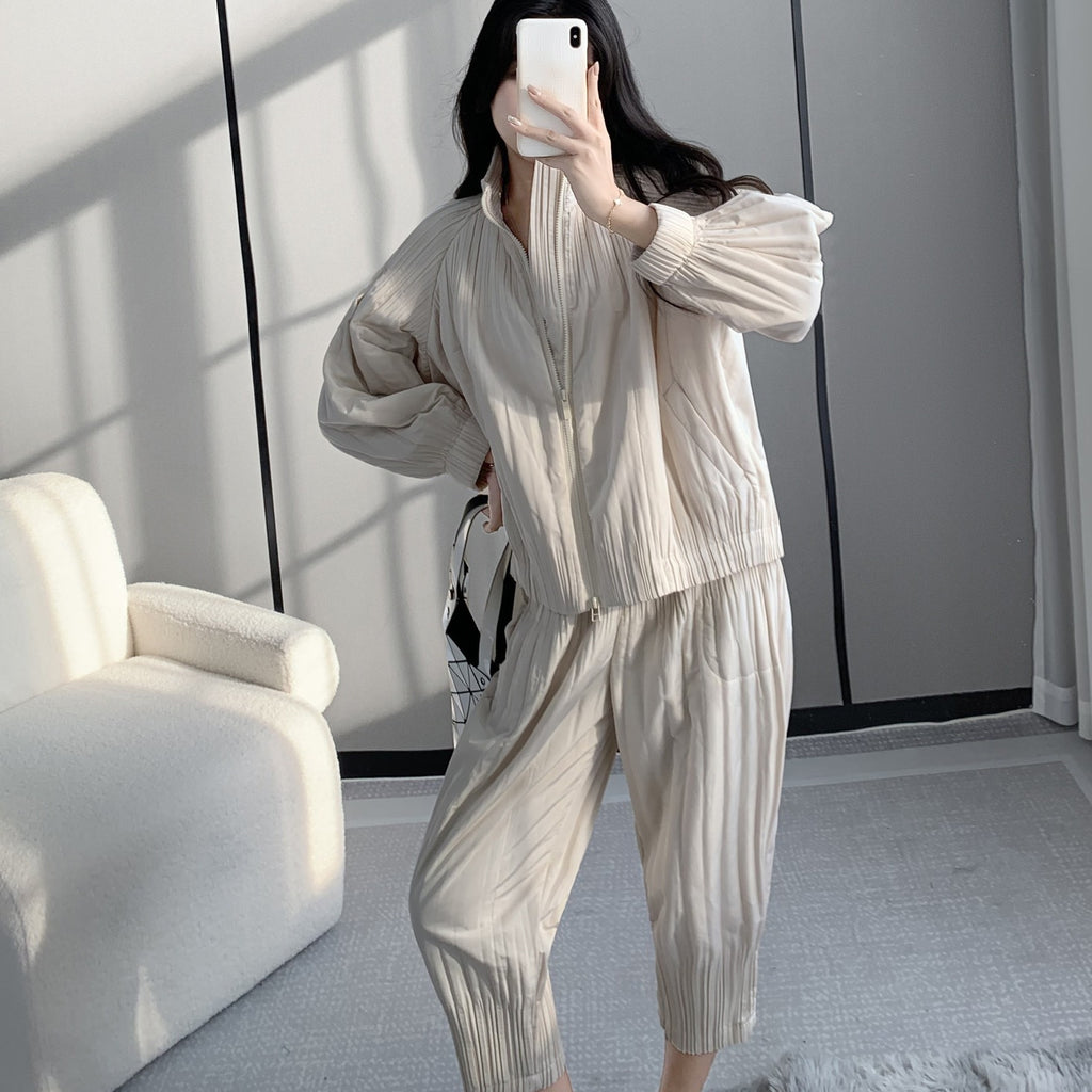 Winter cotton-padded clothes cotton-padded jacket suit women's fashion upscale women's clothing Miyake high-end clothes casual wind wear a complete set