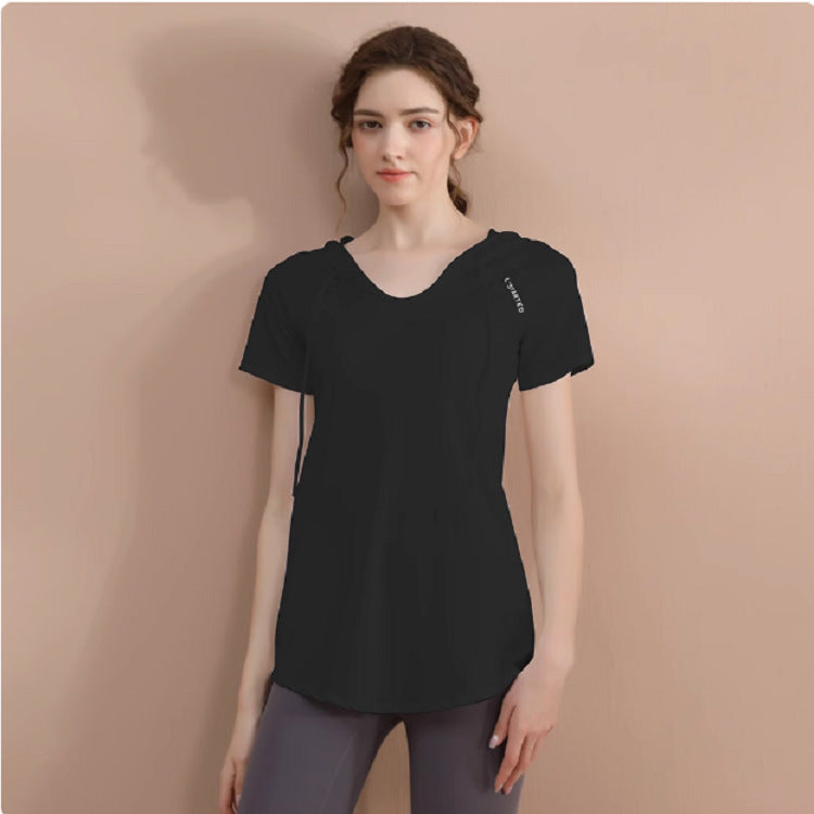 New Fitness Clothing for Women, Loose Mid-Length Running T-Shirt, Hip-Covering Slimming Look Hooded Sports Top, Summer Yoga Clothing