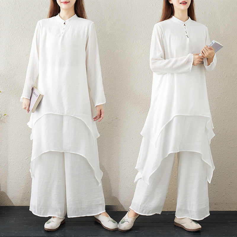 Real Pat Original Chinese Women's dress Cotton and Linen Mid-length Artistic Yoga Clothing Tea Clothing Zen Dance Clothing Tai Chi Clothing