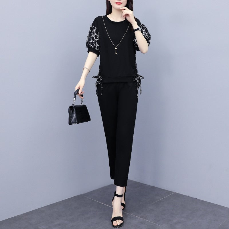 Summer New Large Size Women's Clothing Fashion Stitching Trendy Printed Clothing New Casual Elegant Short-sleeved Cropped Pants Two-piece Set