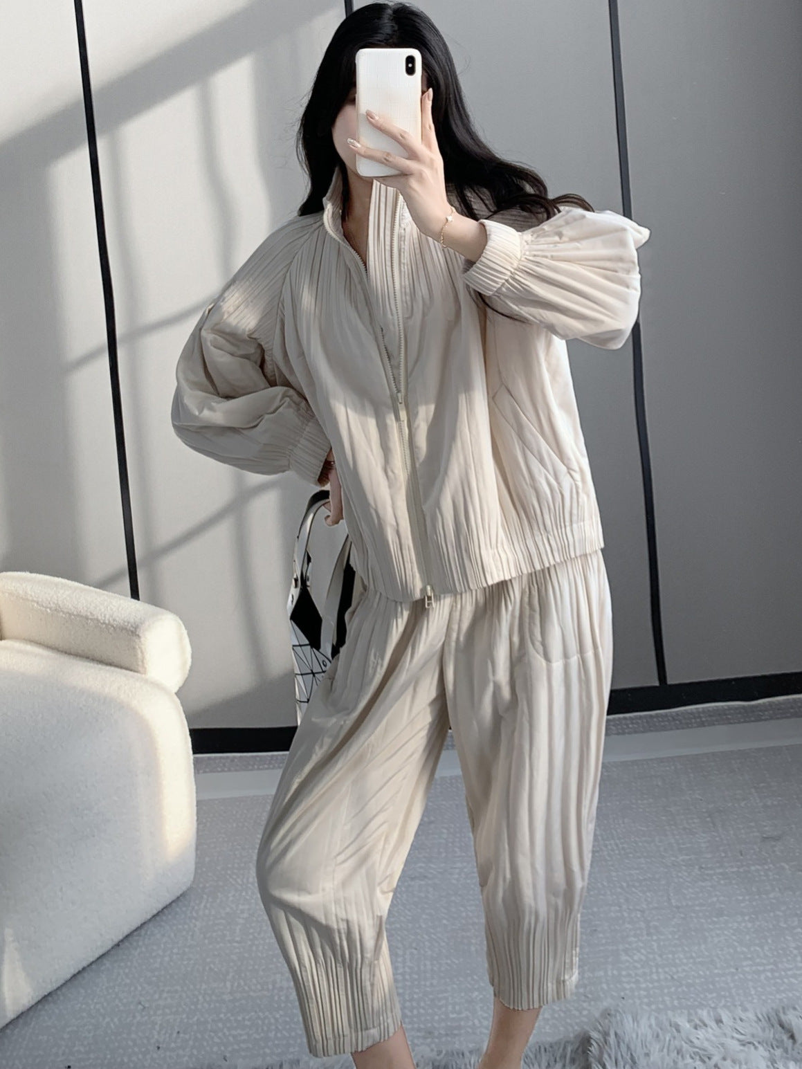 Winter cotton-padded clothes cotton-padded jacket suit women's fashion upscale women's clothing Miyake high-end clothes casual wind wear a complete set