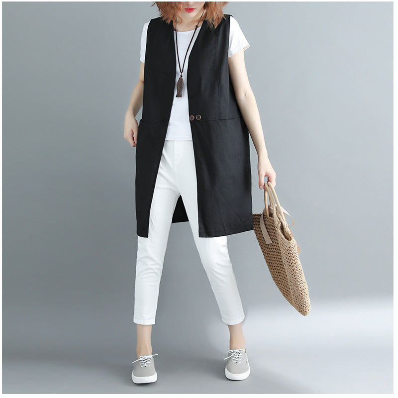 Fat Girl Summer Clothing New Style 2026 Plus Size Women's Clothing Age-Reducing Loose Solid Color Sleeveless Vest Jacket V-Neck Mid-Length