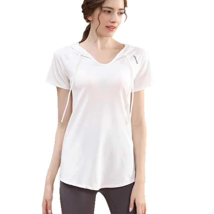 New Fitness Clothing for Women, Loose Mid-Length Running T-Shirt, Hip-Covering Slimming Look Hooded Sports Top, Summer Yoga Clothing