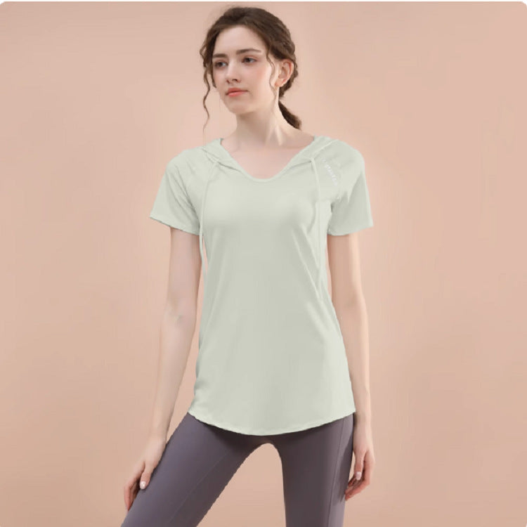 New Fitness Clothing for Women, Loose Mid-Length Running T-Shirt, Hip-Covering Slimming Look Hooded Sports Top, Summer Yoga Clothing