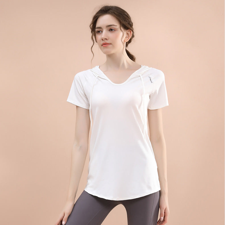 New Fitness Clothing for Women, Loose Mid-Length Running T-Shirt, Hip-Covering Slimming Look Hooded Sports Top, Summer Yoga Clothing