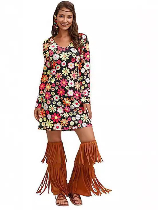 2026 Amazon Halloween Cross-Border Women's Clothing 1970S 1980S Hippie Clothing Printed Dress