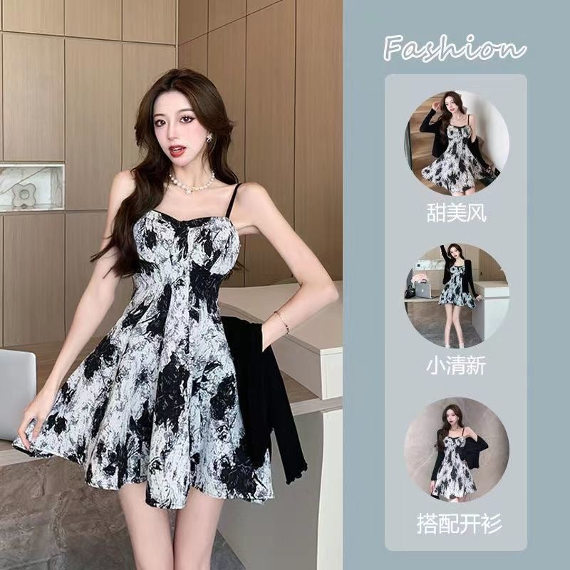 Retro French Waist Slimming Look Design Suspender Dress Sun Protection Cardigan Women's Summer 2025 New Two-Piece Set