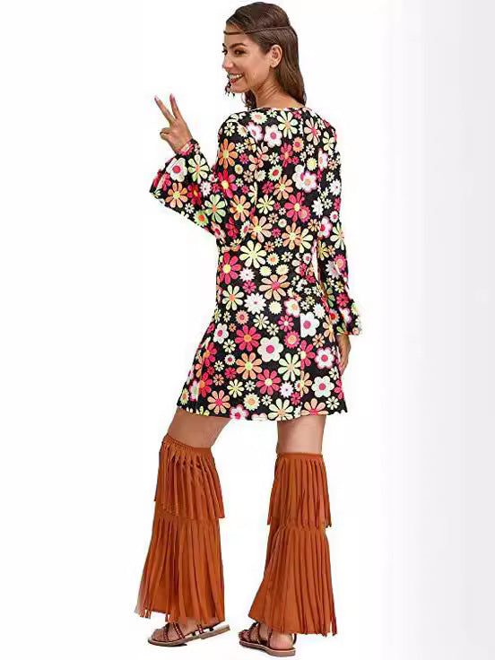 2026 Amazon Halloween Cross-Border Women's Clothing 1970S 1980S Hippie Clothing Printed Dress