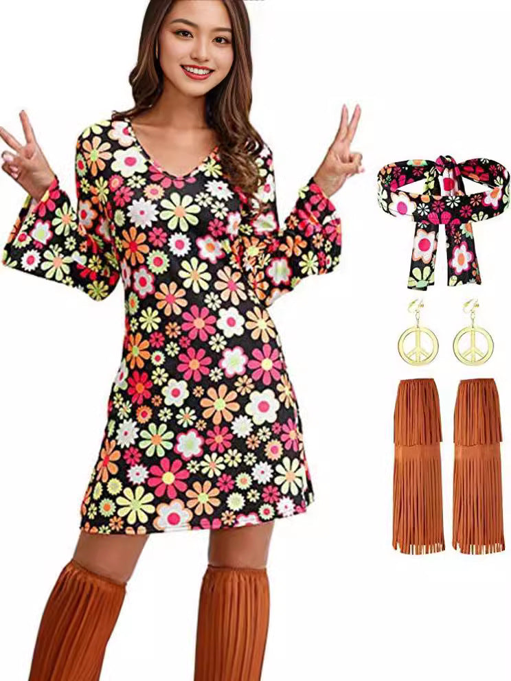 2026 Amazon Halloween Cross-Border Women's Clothing 1970S 1980S Hippie Clothing Printed Dress
