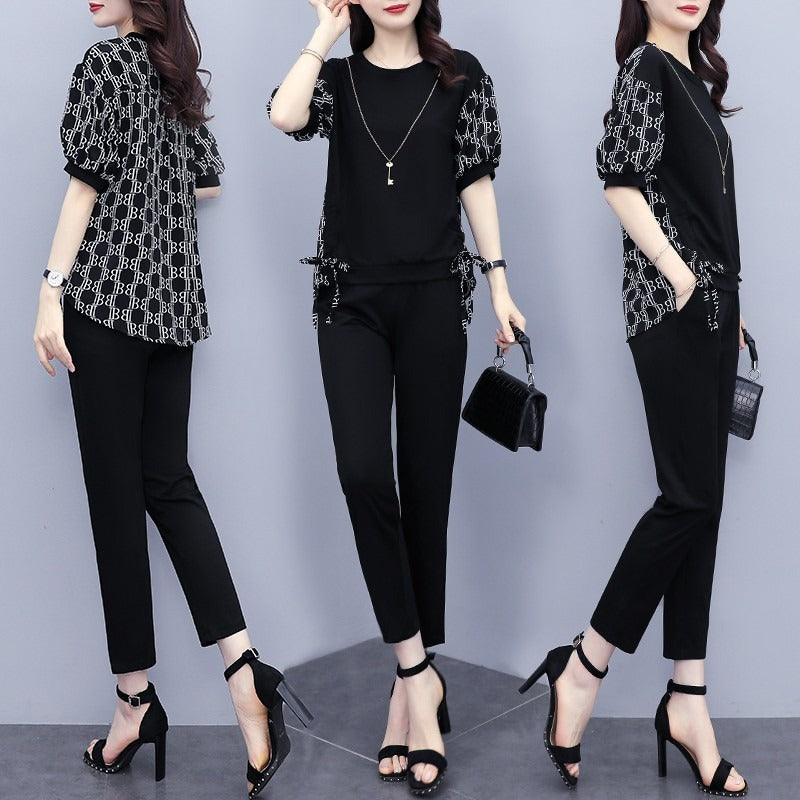 Summer New Large Size Women's Clothing Fashion Stitching Trendy Printed Clothing New Casual Elegant Short-sleeved Cropped Pants Two-piece Set
