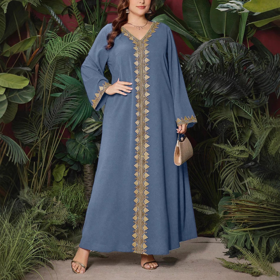In-Stock Ethnic Style Women's Clothing Autumn Embroidered V-Neck Long-Sleeve Dress Loose Long Dress Exotic Style Clothing