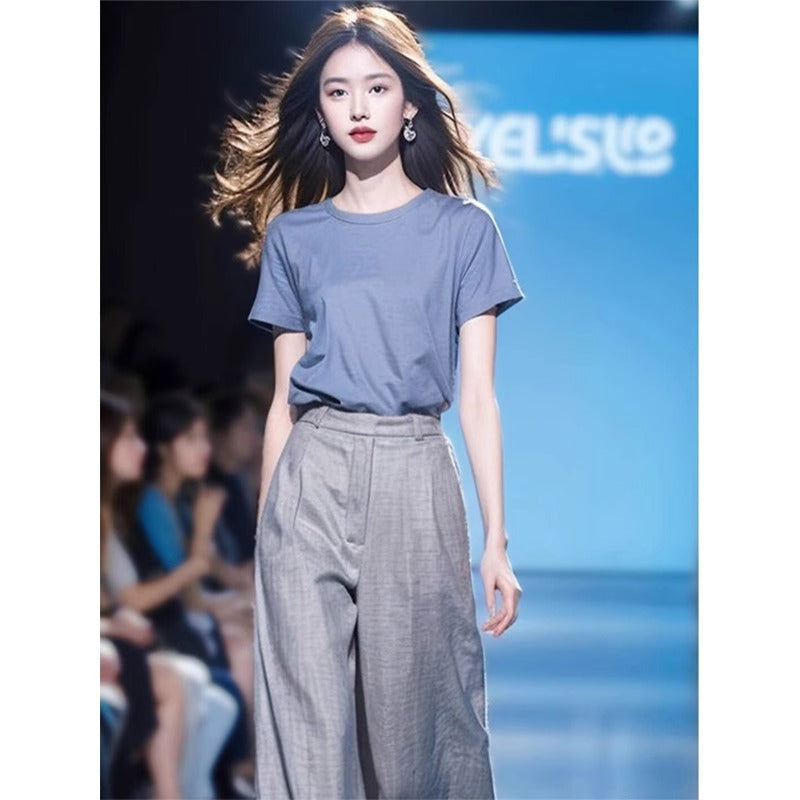 Foreign trade women's clothing 2025 new age-reducing wear a set of summer clothing small casual high-end wide leg pants two