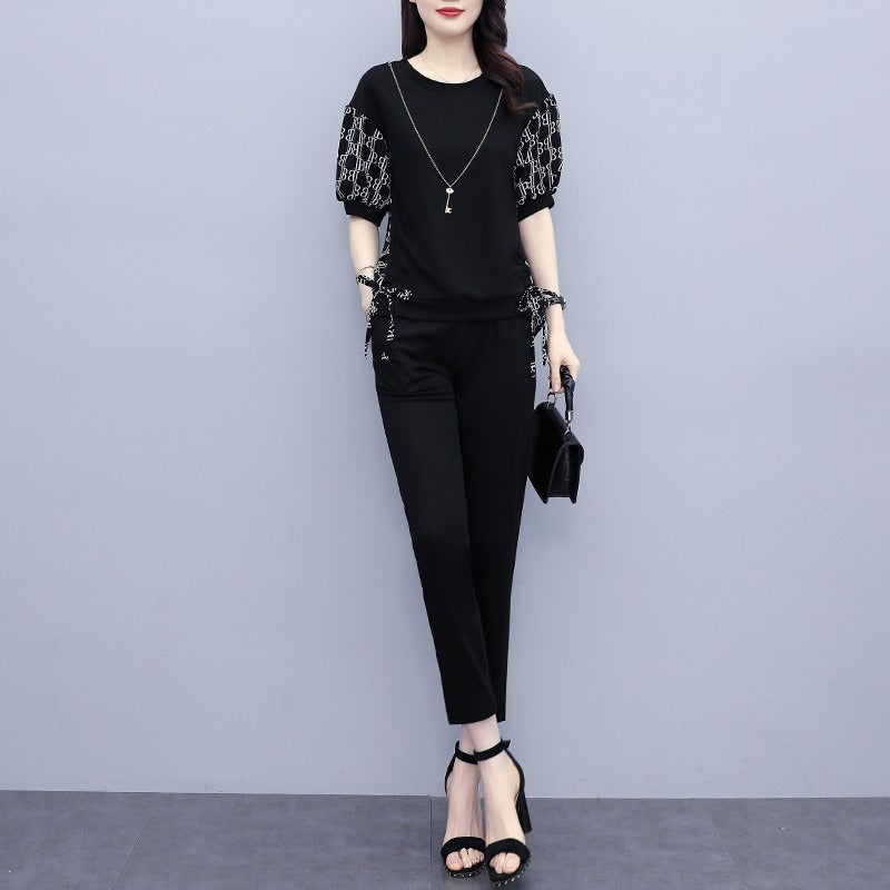 Summer New Large Size Women's Clothing Fashion Stitching Trendy Printed Clothing New Casual Elegant Short-sleeved Cropped Pants Two-piece Set