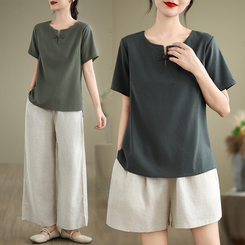 Real Shot of In-Stock Linen Buddhist-Style Women's Plain Clothing, Zen Attire, Tea Attire, Summer Tea Ceremony Clothing, High-End Improved Tang Suit