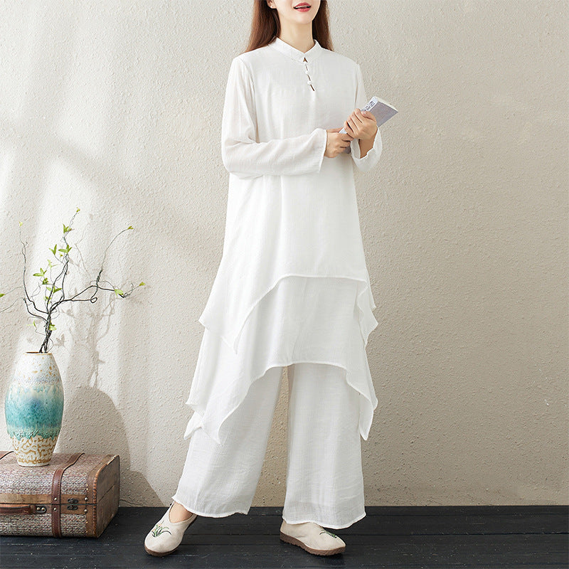 Real Pat Original Chinese Women's dress Cotton and Linen Mid-length Artistic Yoga Clothing Tea Clothing Zen Dance Clothing Tai Chi Clothing