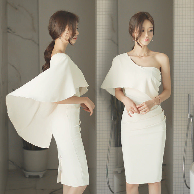 Foreign Trade Women's Clothing 2021 New Korean Style Private Clothing Party Skew Shoulder Cloak Tight Waist Hip Fashion Dress