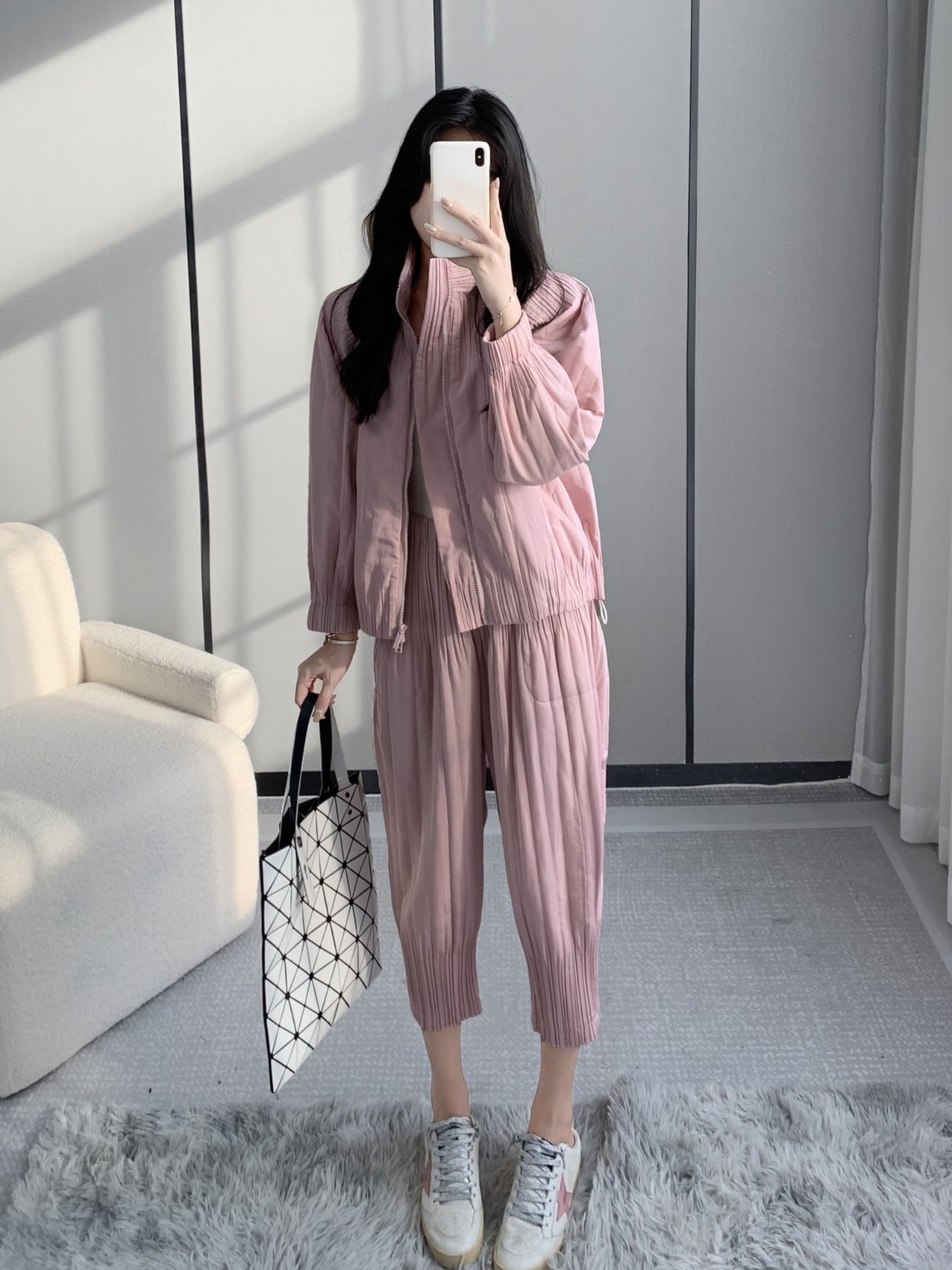 Winter cotton-padded clothes cotton-padded jacket suit women's fashion upscale women's clothing Miyake high-end clothes casual wind wear a complete set