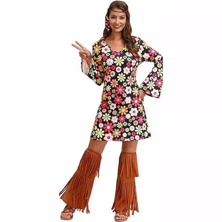 2026 Amazon Halloween Cross-Border Women's Clothing 1970S 1980S Hippie Clothing Printed Dress
