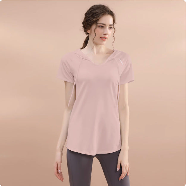 New Fitness Clothing for Women, Loose Mid-Length Running T-Shirt, Hip-Covering Slimming Look Hooded Sports Top, Summer Yoga Clothing
