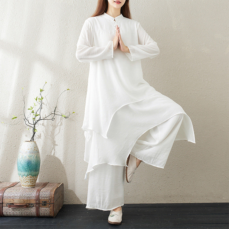 Real Pat Original Chinese Women's dress Cotton and Linen Mid-length Artistic Yoga Clothing Tea Clothing Zen Dance Clothing Tai Chi Clothing
