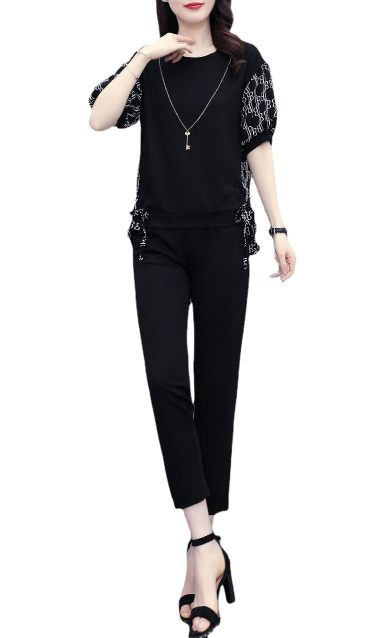 Summer New Large Size Women's Clothing Fashion Stitching Trendy Printed Clothing New Casual Elegant Short-sleeved Cropped Pants Two-piece Set