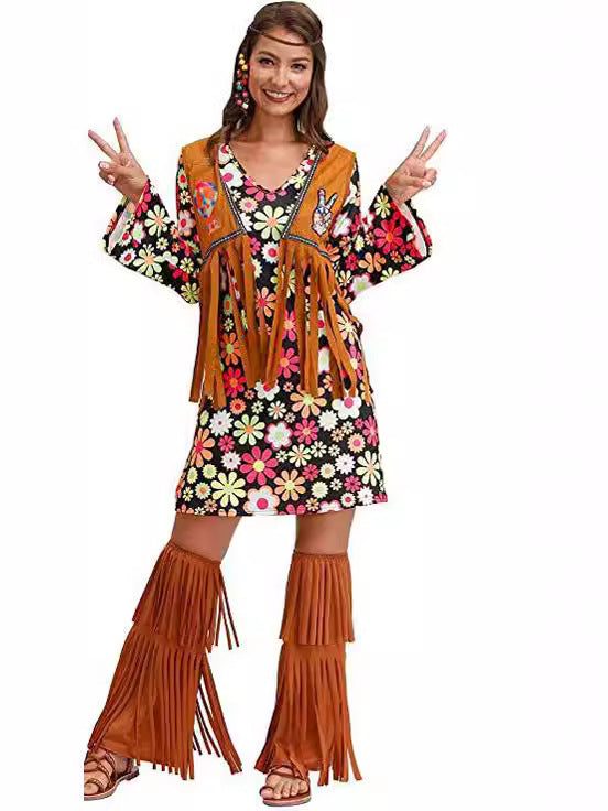 2026 Amazon Halloween Cross-Border Women's Clothing 1970S 1980S Hippie Clothing Printed Dress