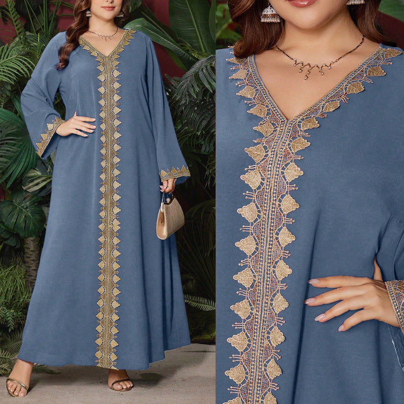 In-Stock Ethnic Style Women's Clothing Autumn Embroidered V-Neck Long-Sleeve Dress Loose Long Dress Exotic Style Clothing