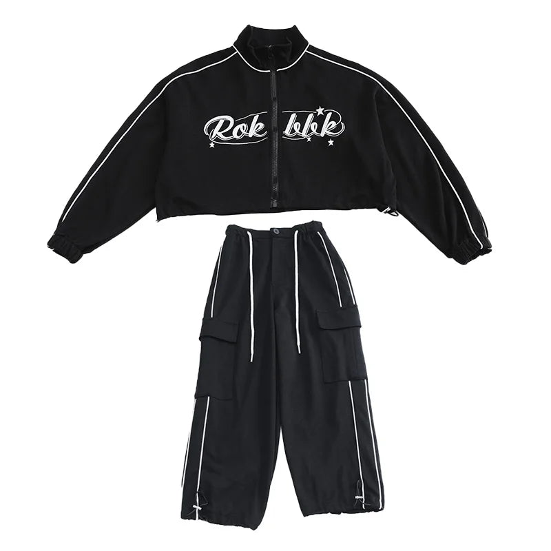 Teen children clothes Girl Dance Clothes Set Short Zipper Coat+Pants 2pcs Kids suit Tracksuits Clothing outfits 5 6 7 9 11 13 15