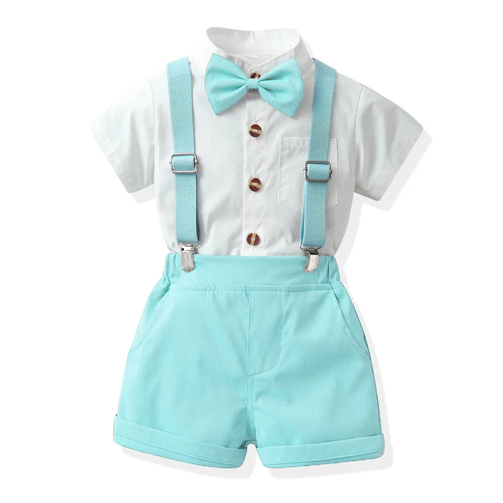 Children Formal Clothing Summer Comfortable Two Piece Set Kid Short Sleeve Shirt Bow Tie Suspenders Shorts Boy Elegant Outfit