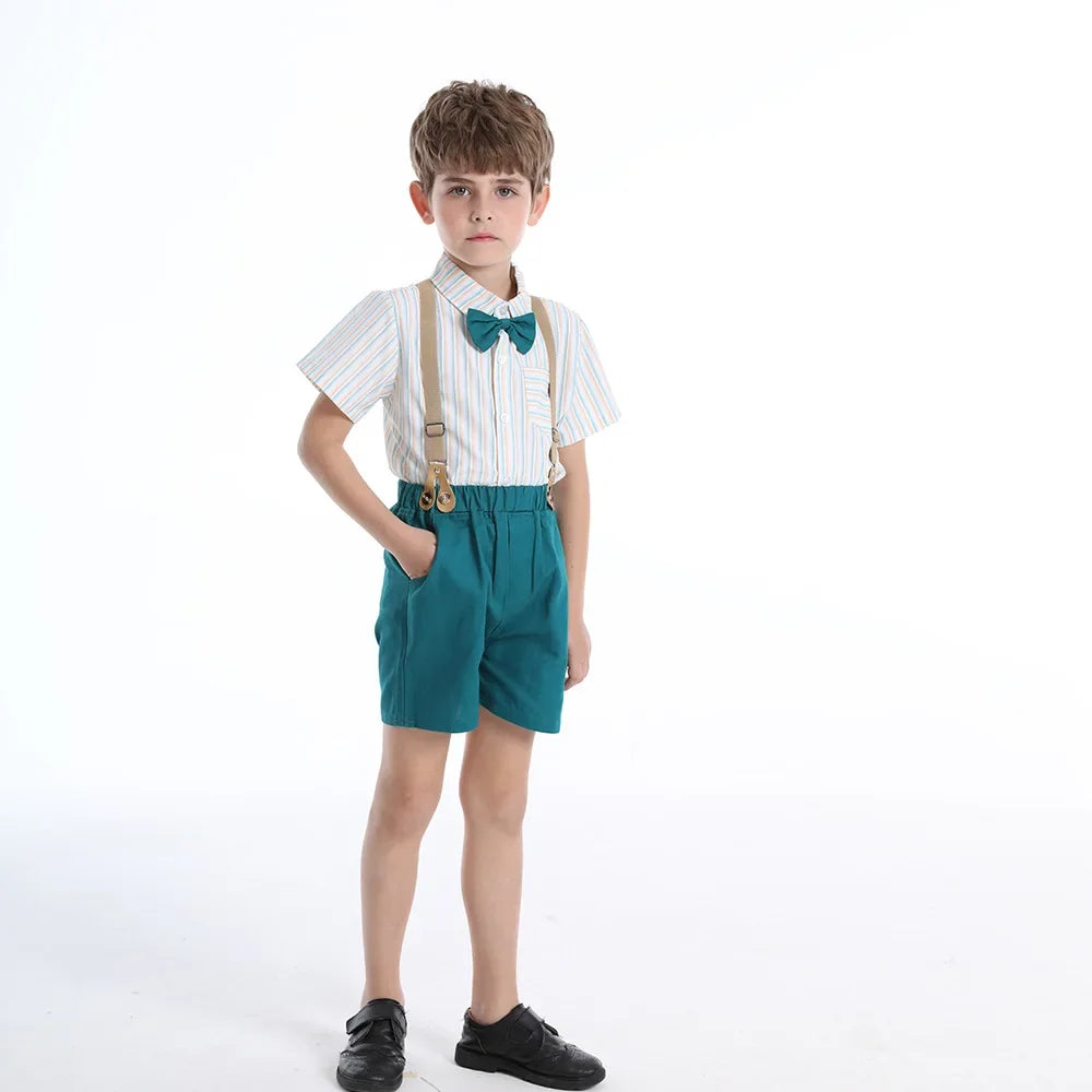 Children Formal Clothing Summer Comfortable Two Piece Set Kid Short Sleeve Shirt Bow Tie Suspenders Shorts Boy Elegant Outfit
