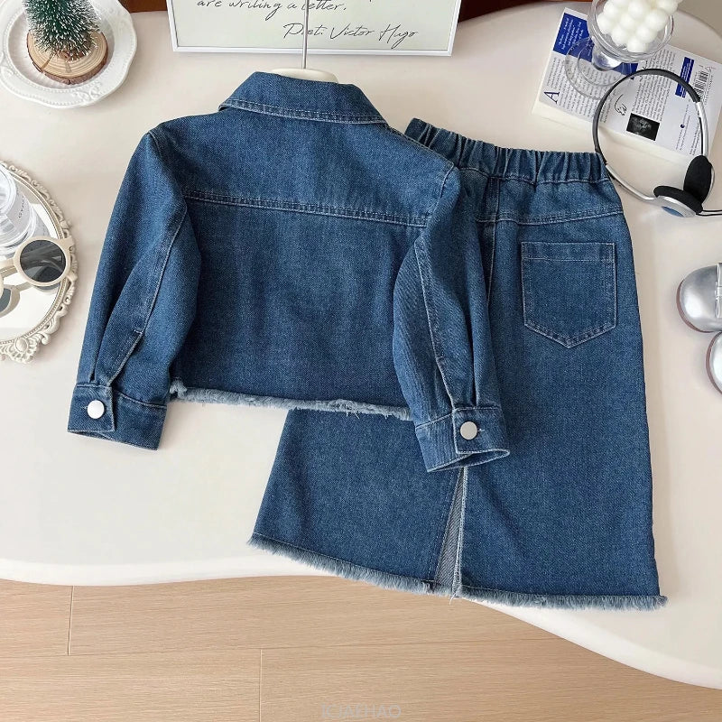 Teen Girl Clothes Little Baby 2 Piece Clothing Denim Outfits Kids Jacket and Long Skirts Two Piece Sets Fashion Children Autumn