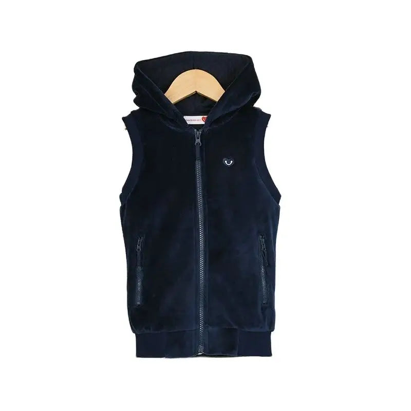 Childhood Clothing Boy/Girl School Vest Navy Velour Lining Hooded Outside Vest Front Zippers and Embroidered Heart Kids Tops