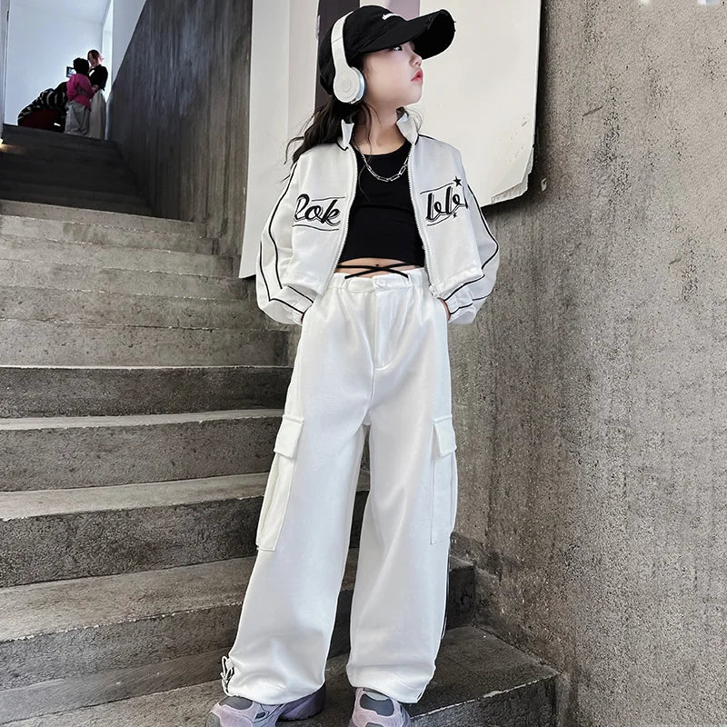 Teen children clothes Girl Dance Clothes Set Short Zipper Coat+Pants 2pcs Kids suit Tracksuits Clothing outfits 5 6 7 9 11 13 15