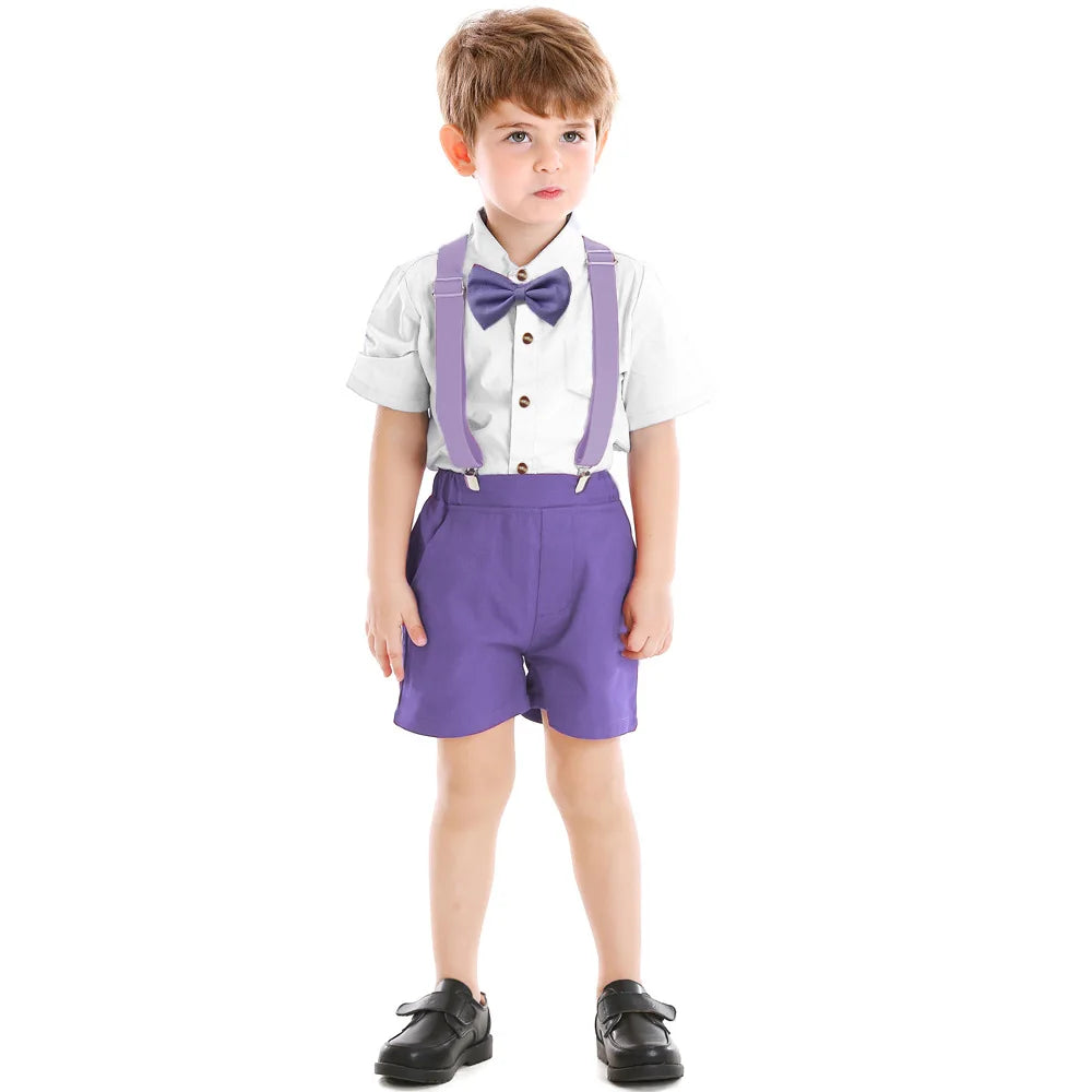 Children Formal Clothing Summer Comfortable Two Piece Set Kid Short Sleeve Shirt Bow Tie Suspenders Shorts Boy Elegant Outfit