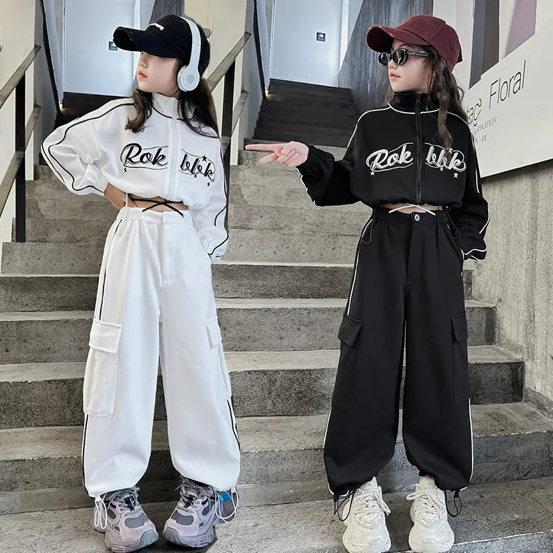 Teen children clothes Girl Dance Clothes Set Short Zipper Coat+Pants 2pcs Kids suit Tracksuits Clothing outfits 5 6 7 9 11 13 15