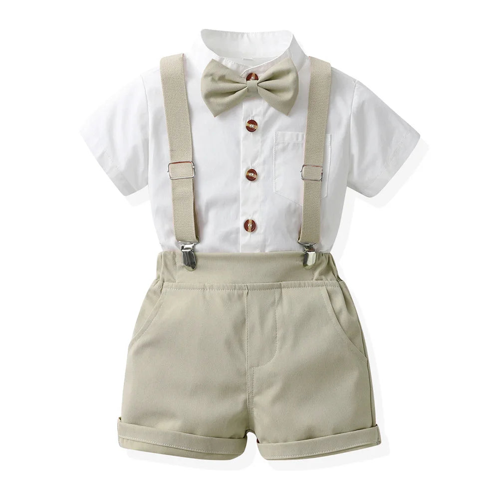 Children Formal Clothing Summer Comfortable Two Piece Set Kid Short Sleeve Shirt Bow Tie Suspenders Shorts Boy Elegant Outfit