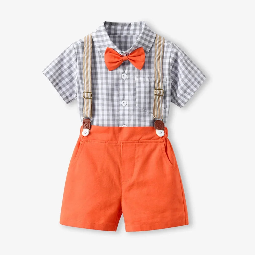 Children Formal Clothing Summer Comfortable Two Piece Set Kid Short Sleeve Shirt Bow Tie Suspenders Shorts Boy Elegant Outfit