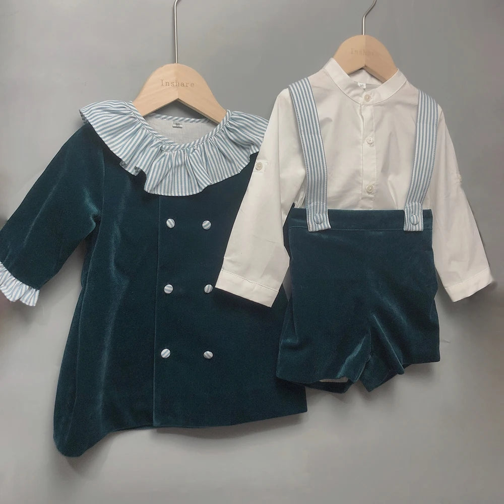 Children's Boutique Clothing Toddler Boys Green Velvet Strap Shorts Suits Cotton Long Sleeve Shirts Siblings Baptism Eid Dresses