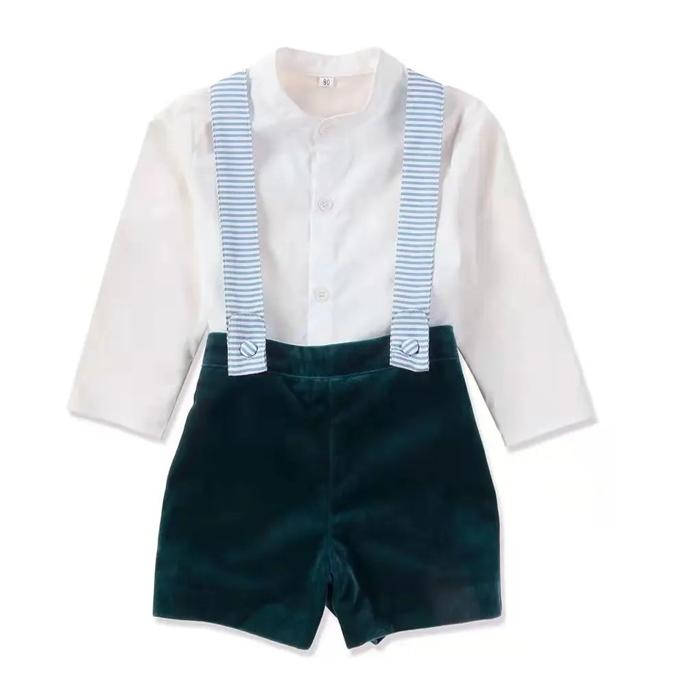 Children's Boutique Clothing Toddler Boys Green Velvet Strap Shorts Suits Cotton Long Sleeve Shirts Siblings Baptism Eid Dresses